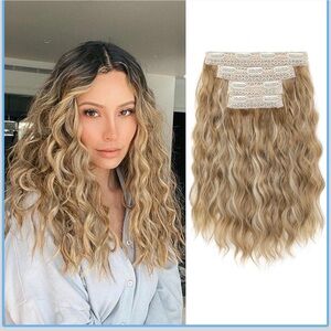 4PCS Hair Extensions 14" Short Wavy Golden Blonde with Highlights wig